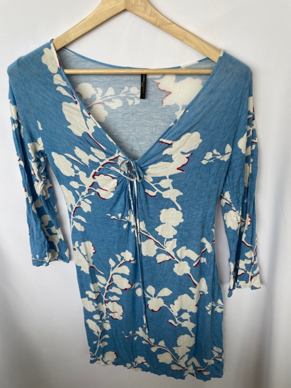 BCBG Swim Blue Floral Tie-Front V-Neck Soft Cotton Cover-Up O/S